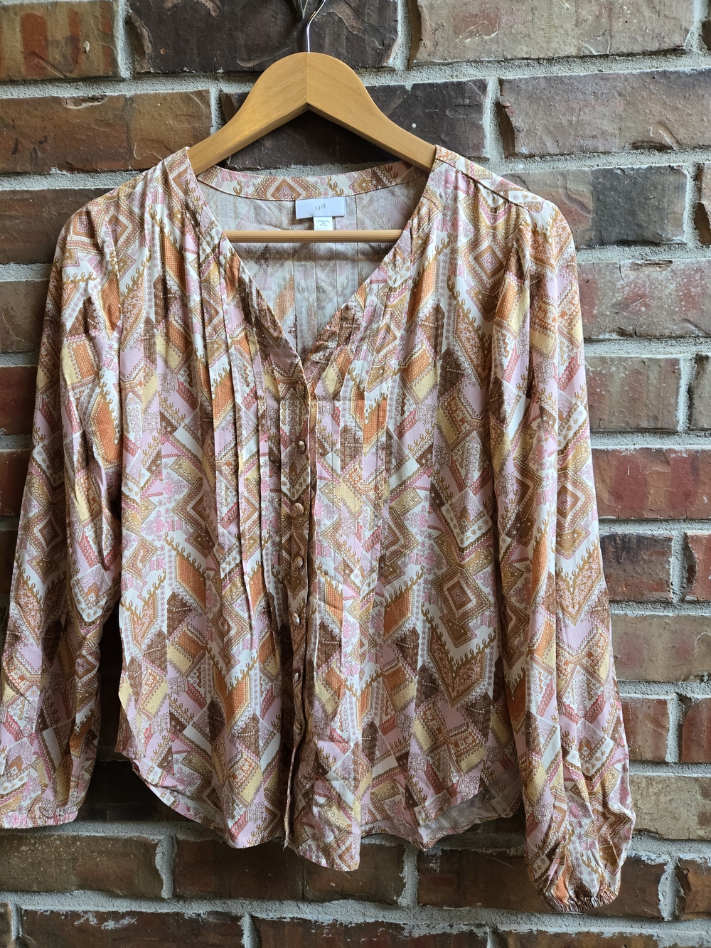 J. Jill Boho Printed Pleated V-Neck Button Blouse in Pink and Tan Drapey Flowy